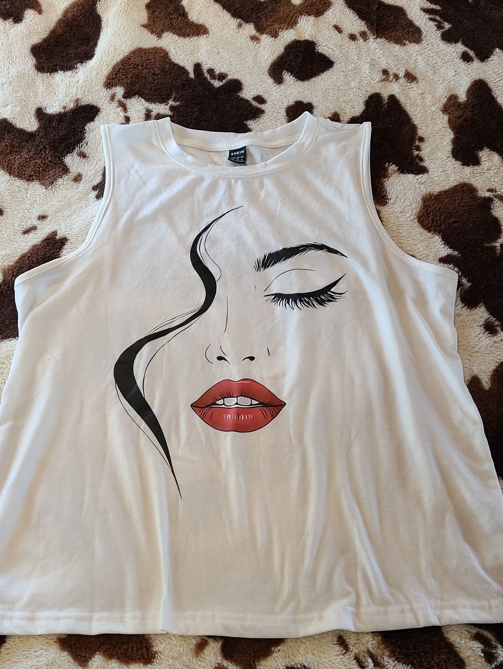 SHEIN White Tank Top with Black Face Line Art and Red Lips